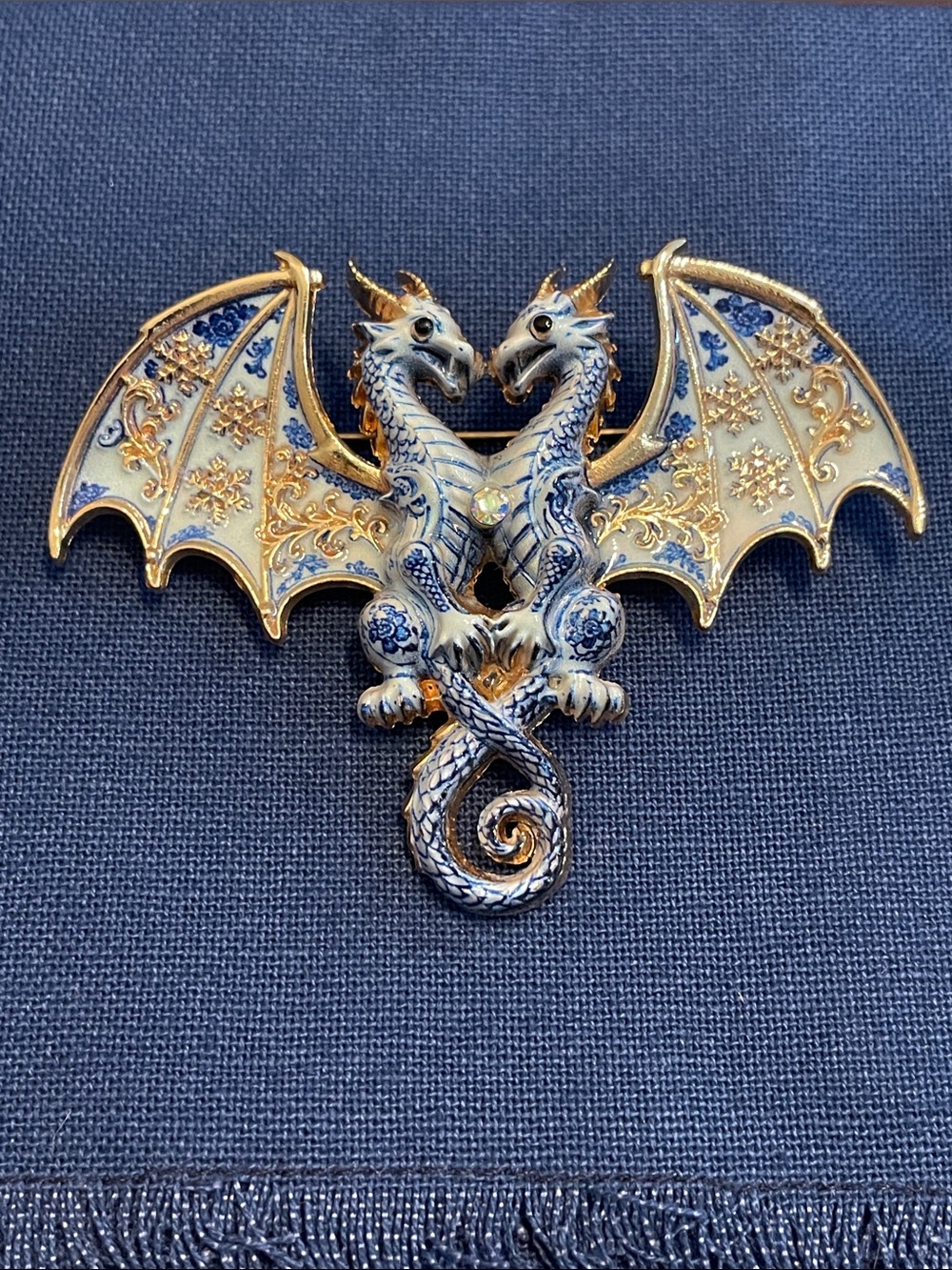 Blue and Gold Double Dragon Enamel Brooch